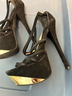 Charlotte Russe Black Strappy High Heel platform stilettos. Metallic base.